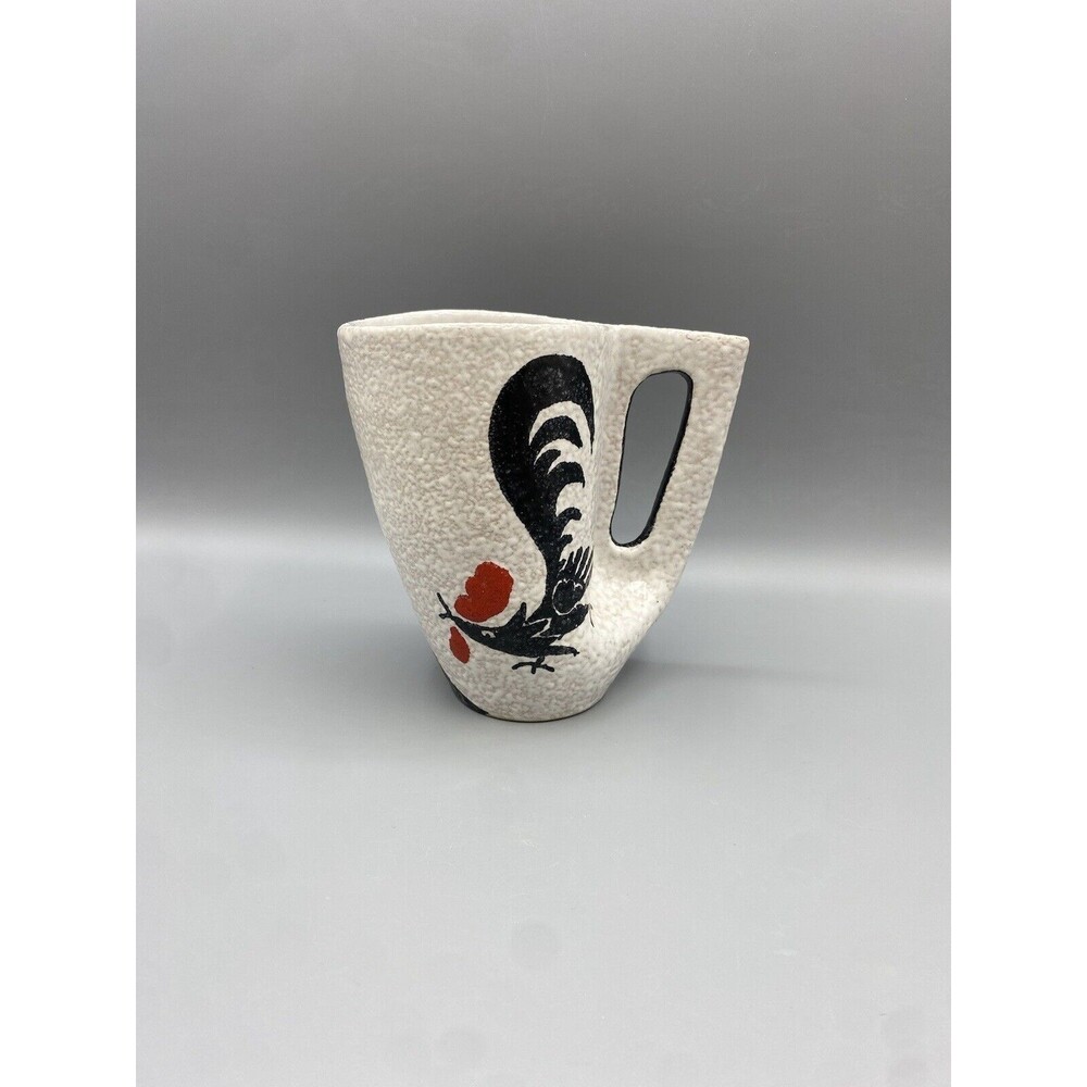 Vintage MCM Black White Red Rooster Textured Pottery Mug Italy Signed & Numbered